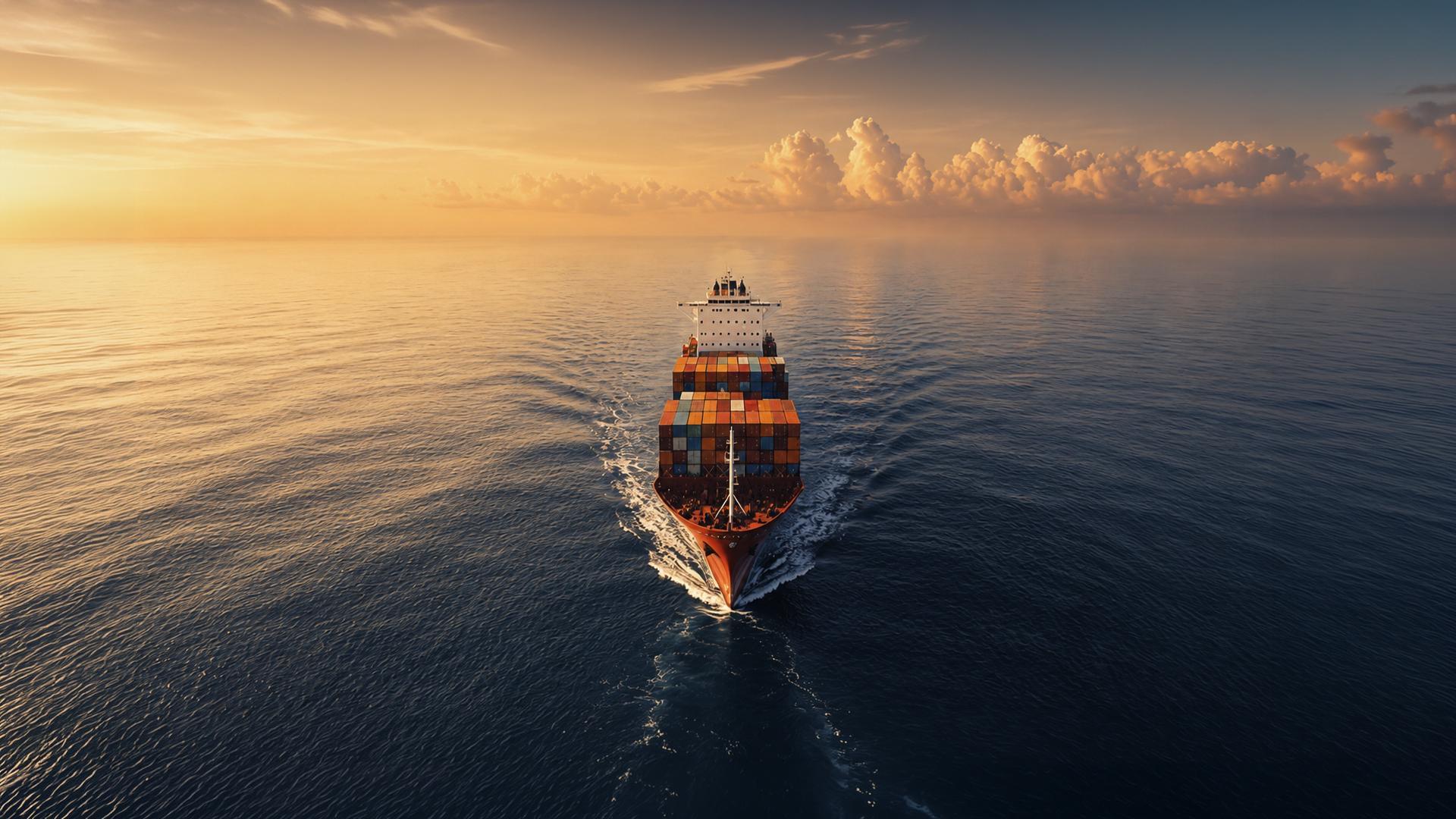 Container vessel at sea at sunset